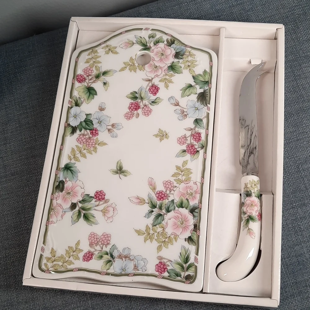 Porcelain Cheese Charcuterie Board Plate Matching Forked Knife Flowers Raspberry
